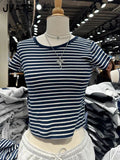 Kukombo Sweet Pink Striped Short Sleeve Tees Women New Casual Slim O-neck Tshirts Tops Female Cute Preppy Style Streetwear T-shirts Y2K