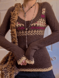 Kukombo Button Front Jacquard Knitted Sweater