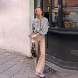 Kukombo Bow Plaid Shirt Bow Tie Bubble Sleeves Loose Breathable Stand Collar Long Shirts Women's Summer Coat Top Commute Casual Blouse ootd outfit idea