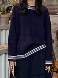 Kukombo Striped Trim Cable Knit Pullover Sweater