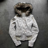 Kukombo Vintage Y2k Faux Fur Collar Zipper Hoodie Hip-hop Pattern Retro Punk Gothic Creamy-white Hoodie Clothes Street Design Jacket