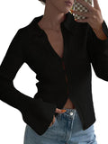 Kukombo Solid Rib V Neck Flare Sleeve Cardigan