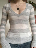 Kukombo Long Sleeve V-Neck Striped Slim-Fit Sweater