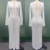 Kukombo White Knitted Backless Long Dress Women's Summer V-Neck Party Dress Elegant See-through Hollow Slim Holiday Long Dress