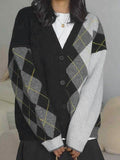 Kukombo Contrast Color Plaid Patchwork Cardigan