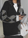 Kukombo Contrast Color Plaid Patchwork Cardigan