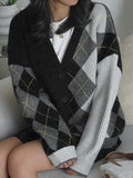 Kukombo Contrast Color Plaid Patchwork Cardigan