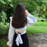 Kukombo Ruffles Blouses Women Lace Slim Bandage Sweet Ladies Temperament Princess Flare Sleeve Fashion Ulzzang Simple All-match Classic outfit inspo