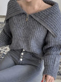 Kukombo Solid Big Lapel Neck Half Zip Sweater