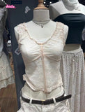 Kukombo Light Blue Lace Hollow Out Female Tank Transparent Sexy Mesh Summer Vest 2025 Solid Perpetive Y2K Tight Sleeveless Tops Women