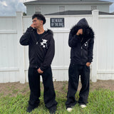 Kukombo Valentine's Day Aesthetic Y2K Harajuku Retro Aesthetics Womens Men Fur Collar Cardigan Sweatshirt Goth Punk Rock Hip Hop Aesthetic Hoodie Print Streetwear
