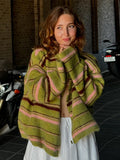 Kukombo Green Stripe Knitted Cardigan Street Trend Contrasting Color Sweater Coat Jacket Retro Women's Loose Wool Knitwear Top Autumn ootd outfit idea