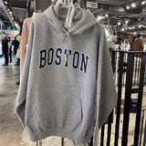 Kukombo Letter Print Oversize Hoodie Women Autumn Casual Long Sleeve Gray Hooded Pullovers Top Vintage Streetwear Cotton Hoodies 2025