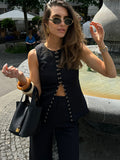 Kukombo Single Breasted Metal Button Waistcoat Trouser Suits High Neck Suit Fabric Sleeveless Vest Top With Slight Flared Hem Pant Set ootd outfit idea