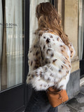 Kukombo Spring Outfits Women's Dot Leopard Faux Fur Coat Fashion Stand Collar Long Sleeve Open Stitch Plush Jacket New Lady Warm Office Outerwears