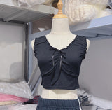 Kukombo Casual Women Ruffles V Neck Tank Tops 2025 Summer Cute Sleeveless Soft Cotton Slim Crop Top Female Vintage Sweet Bow Tops Chic