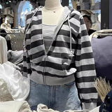 Kukombo Vintage Stripe Pockets Hoodies Women Autumn New Warm Drawstring Long Sleeve Cardigan Top Casual Streetwear Y2K Sweatshirt Female