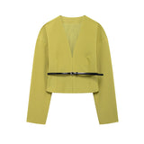 Kukombo Green V-Neck Shirt Short Skirt Set With Belt French Casual Slim Fit Long Sleeved Blouse Coat Half Skirts Women Dress Autumn New ootd outfit idea