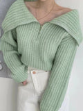 Kukombo Solid Big Lapel Neck Half Zip Sweater