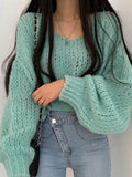 Kukombo Cutout Lantern Sleeve Baggy Sweater