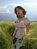 Kukombo Vintage Shirt Women Short Sleeve Lace Up Silk Shirt Y2k Fairycore Crop Tops Streetwear Korean Style Hollow Out Tee Top outfit inspo
