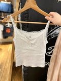 Kukombo Lace Trim Ribbed Slim Tank Tops Women 2025 New Summer Sleeveless Three Buttons Cotton Camis Sweet Girls Gray Basic Crop Top Y2k