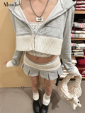 Kukombo Absobe Crop Hoodies Mini Pleated Skirt Set Women's Contrast Patchwork Long Sleeve Slim Zipper Cardigan Hooded Jacket Skirt Suit ootd