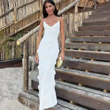Kukombo Knitted Backless Lace Up Halter Dress Women's Sexy V Neck Floral Party Dress Fashion Patchwork Knit Summer Long Dress