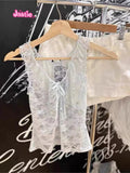 Kukombo Light Blue Lace Hollow Out Female Tank Transparent Sexy Mesh Summer Vest 2025 Solid Perpetive Y2K Tight Sleeveless Tops Women