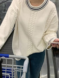 Kukombo Striped Trim Cable Knit Pullover Sweater