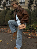 Kukombo Spring Outfits Vintage Leather Women Jackets Casual Brown Lapel Pockets Short Coats Long Sleeve Motorcycle Coat Autumn Female Street Outwear