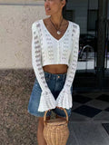 Kukombo Knitwear Hollow Out Sweater Cardigan Women V-Neck Long Sleeve See-Through Cropped Top Summer Knit Patchwork Cardigan Top outfit inspo