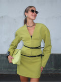 Kukombo Green V-Neck Shirt Short Skirt Set With Belt French Casual Slim Fit Long Sleeved Blouse Coat Half Skirts Women Dress Autumn New ootd outfit idea