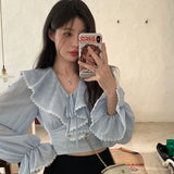 Kukombo Ruffles Blouses Women Lace Slim Bandage Sweet Ladies Temperament Princess Flare Sleeve Fashion Ulzzang Simple All-match Classic outfit inspo
