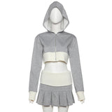 Kukombo Absobe Crop Hoodies Mini Pleated Skirt Set Women's Contrast Patchwork Long Sleeve Slim Zipper Cardigan Hooded Jacket Skirt Suit ootd
