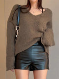 Kukombo Solid V Neck Slit Rolled Sweater