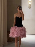 Kukombo Fishbone Waist Cinched Strapless Top Vest Mesh Puffy Skirt Set Layered Pleated Flower Dress Slim Fit Waistcoat Yarn Short Skirts ootd outfit idea