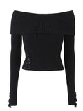 Kukombo Long Sleeve Off-Shoulder Plain Ribbed-Knit Sweater