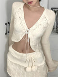Kukombo Butterfly Pointelle Lacing Trumpet Sleeve V Neck Cardigan
