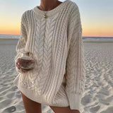 Kukombo Women's Loose Sweater Autumn O-neck Twist Casual Sweater Solid Color Long Sleeve Pullover Women's Knitted Sweater Street