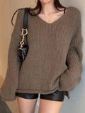 Kukombo Solid V Neck Slit Rolled Sweater