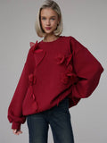 Kukombo Spring Outfits Chic 3D Flower Women Pullover O Neck Full Sleeve Female Hoodies Sweatshirts 2025 Elegant Tassel Spring All Match Loose Lady Tops