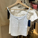 Kukombo White Eyelet Buttons Slim Tank Top Women New Casual All-match Sleeveless Cotton Slim Camis Sweet Cute Simple Basic Vest Y2K Tops