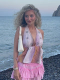 Kukombo Printed Halter Strap Vest Top Lace Up Deep V Waist Cinched Holiday Beach Waistcoat Hanging Neck Backless Suspender Tank Blouse ootd outfit idea