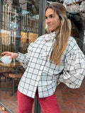 Kukombo Bow Plaid Shirt Bow Tie Bubble Sleeves Loose Breathable Stand Collar Long Shirts Women's Summer Coat Top Commute Casual Blouse ootd outfit idea