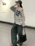 Kukombo 22 Graphic Print Sweatshirt Women 2025 Autumn Raw Hem Long Sleeve Slash Neck Pullover Cotton Vintage Streetwear Loose Hoodie Y2k