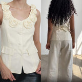 Kukombo Stereo Flower Sleeveless Vest Women Summer Fashion Single Breasted Floral Waistcoat French Slim Fit Sleeveless Top Evening Robe ootd outfit idea