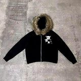 Kukombo Valentine's Day Aesthetic Y2K Harajuku Retro Aesthetics Womens Men Fur Collar Cardigan Sweatshirt Goth Punk Rock Hip Hop Aesthetic Hoodie Print Streetwear