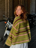 Kukombo Green Stripe Knitted Cardigan Street Trend Contrasting Color Sweater Coat Jacket Retro Women's Loose Wool Knitwear Top Autumn ootd outfit idea