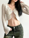 Kukombo Butterfly Pointelle Lacing Trumpet Sleeve V Neck Cardigan